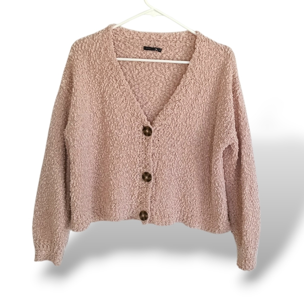 Papermoon Pink Popcorn Knit Cropped Cardigan Cozy Teddy Oversized Soft Blush Sm